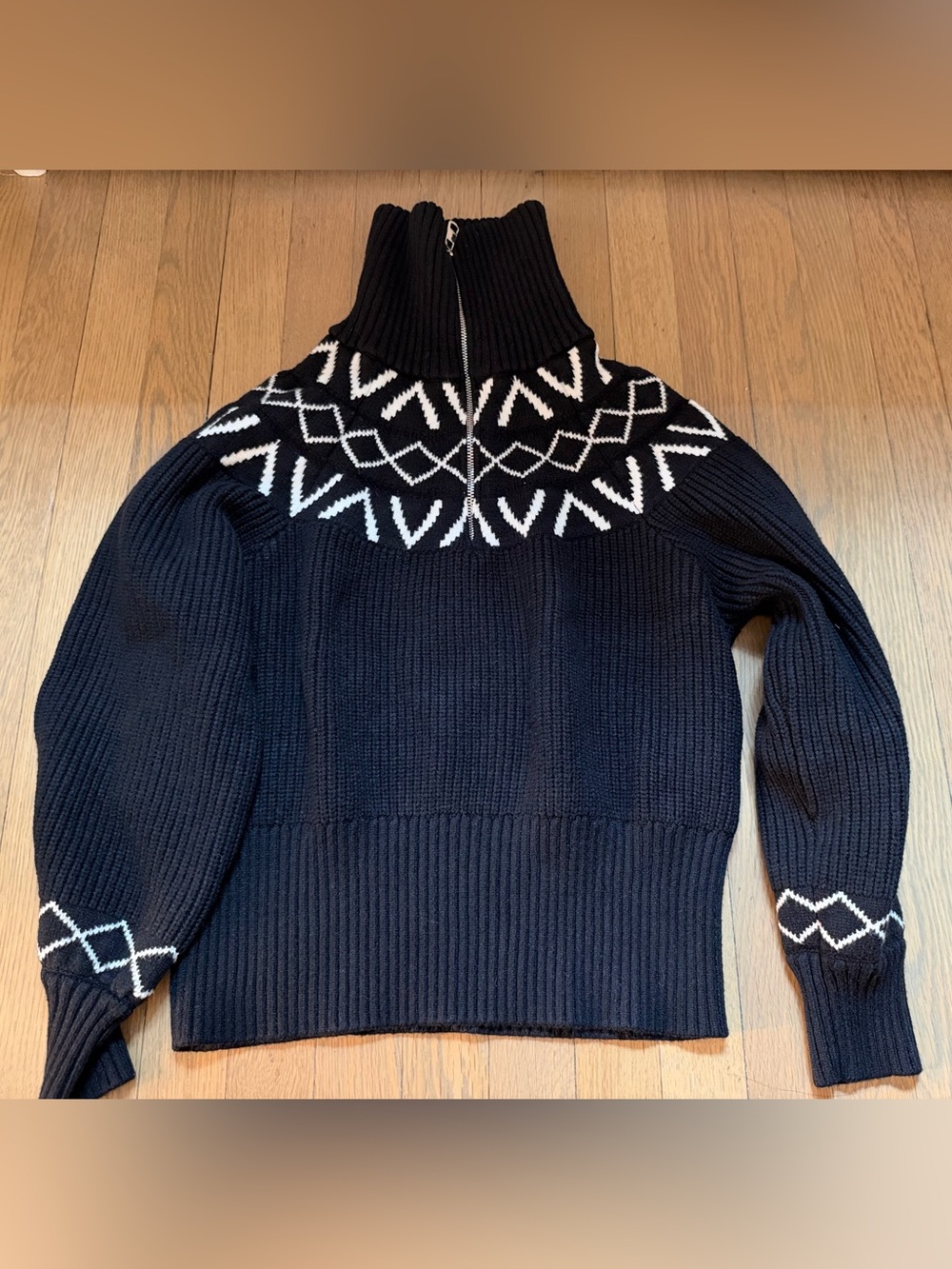 Varley Black & White Zip-Front Fair Isle Turtleneck Sweater